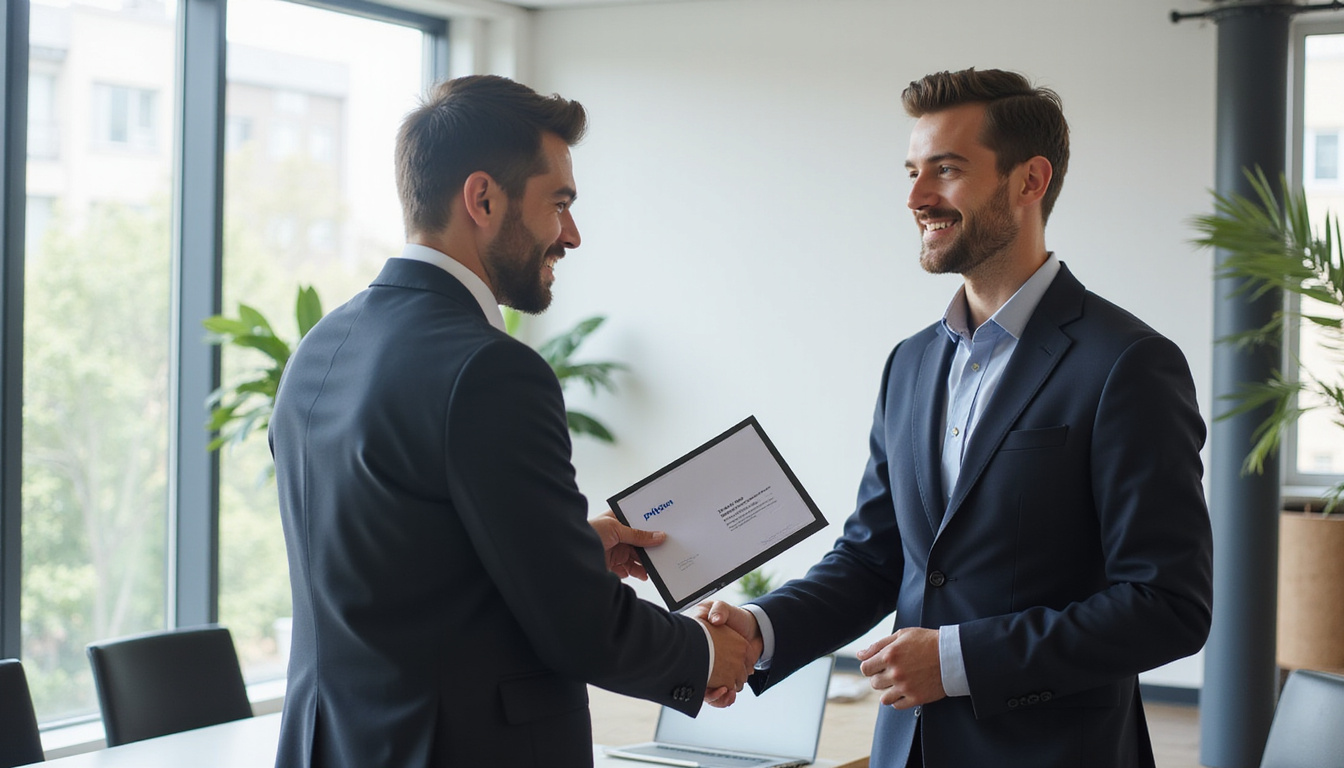  Executive handing custom-branded folder to client, handshake, modern office, confident smiles, natural light