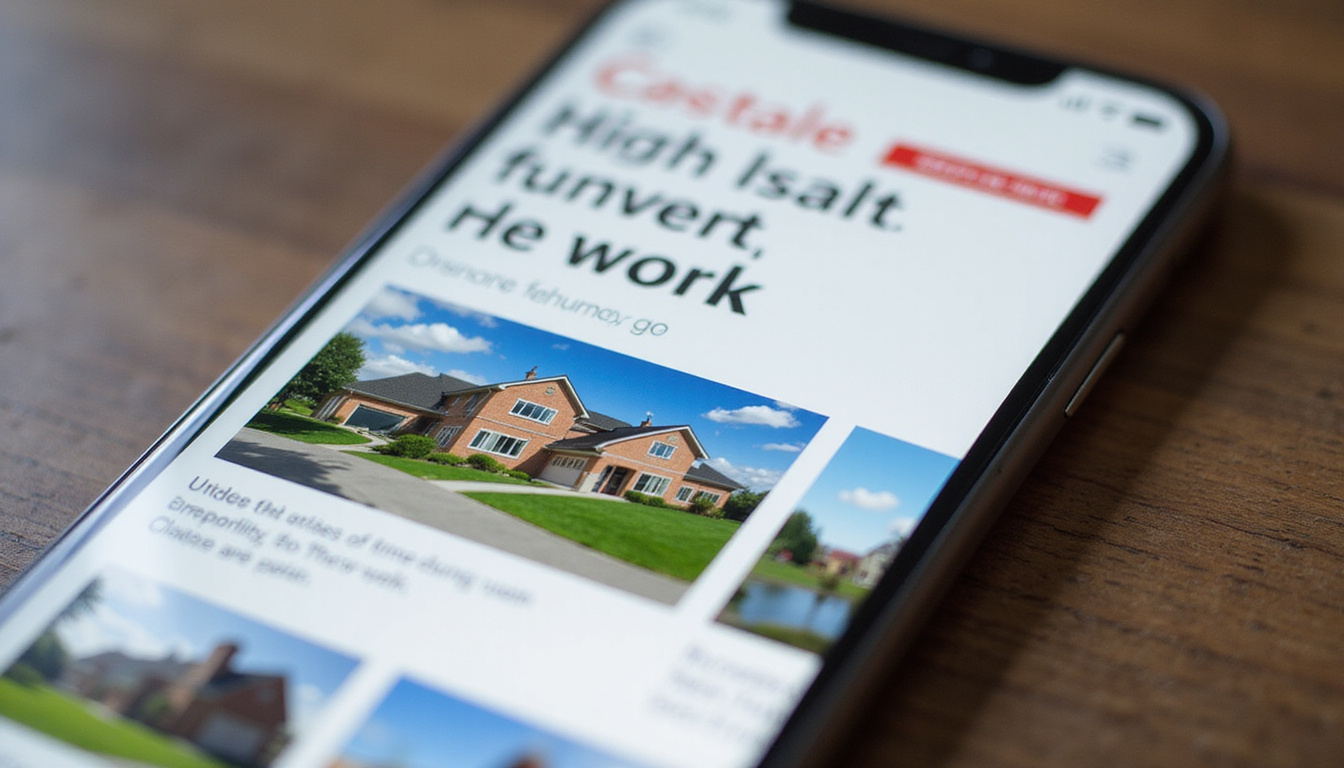  Close-up of glossy property listing on smartphone, bold headline, high-quality photos, urgent call-to-action