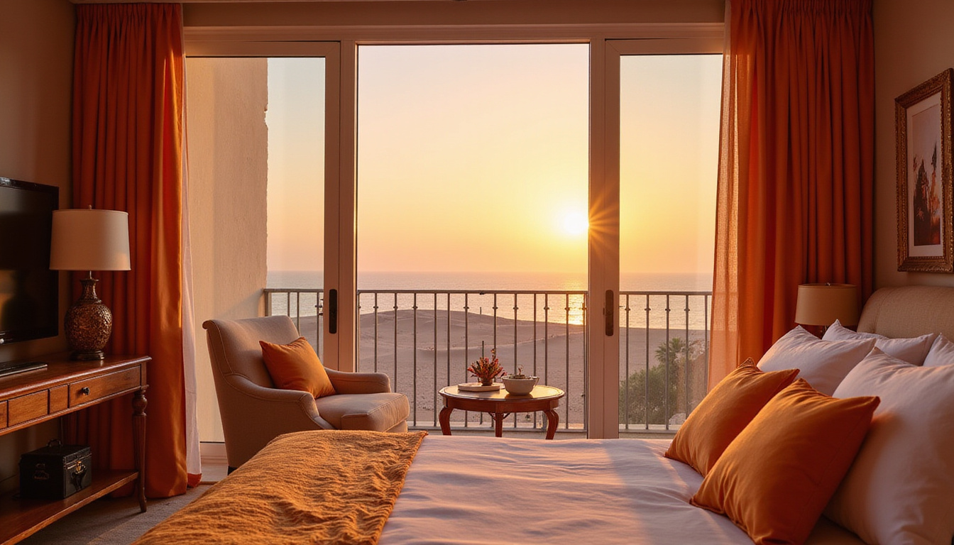  Elegant Egyptian-style suite balcony with silk linens, sea view sunrise over Sinai dunes