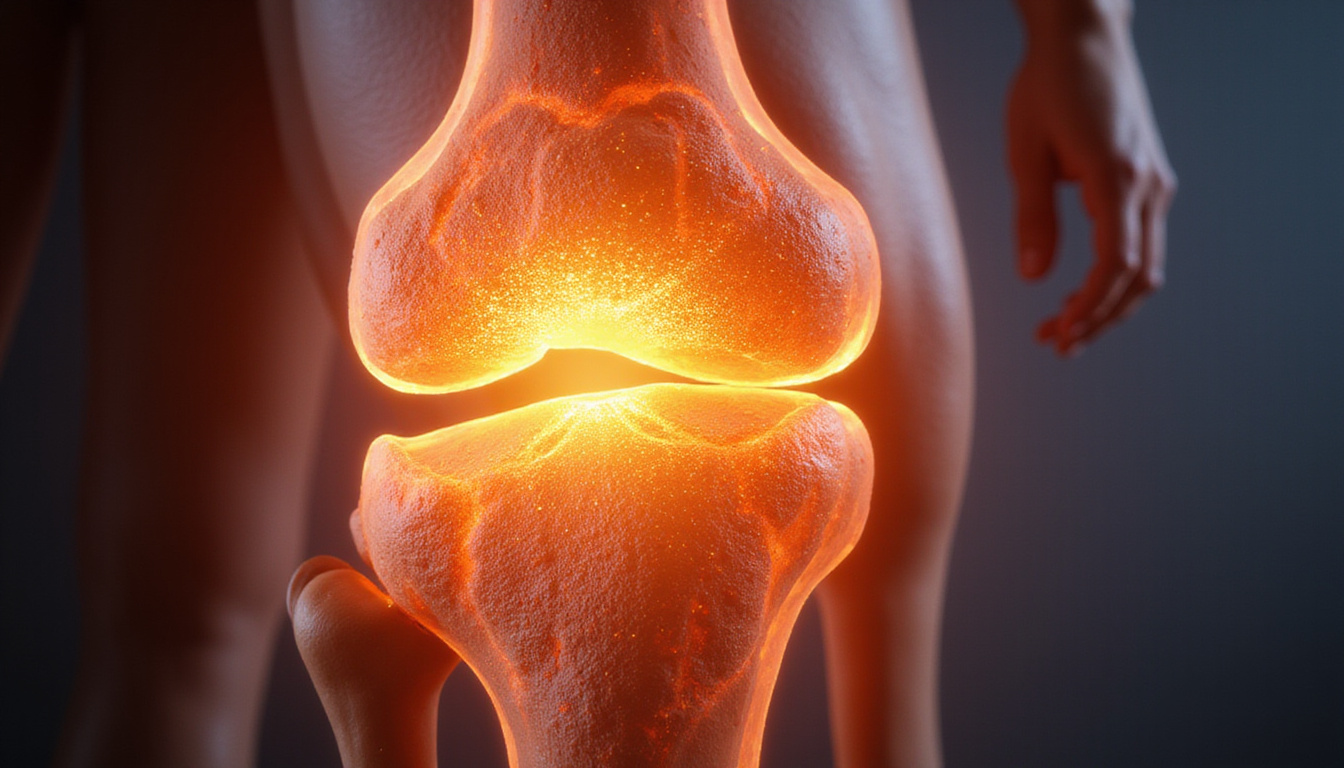  Cross section knee joint showing synoviocyte driven repair, regenerating cartilage, golden light, hopeful atmosphere
