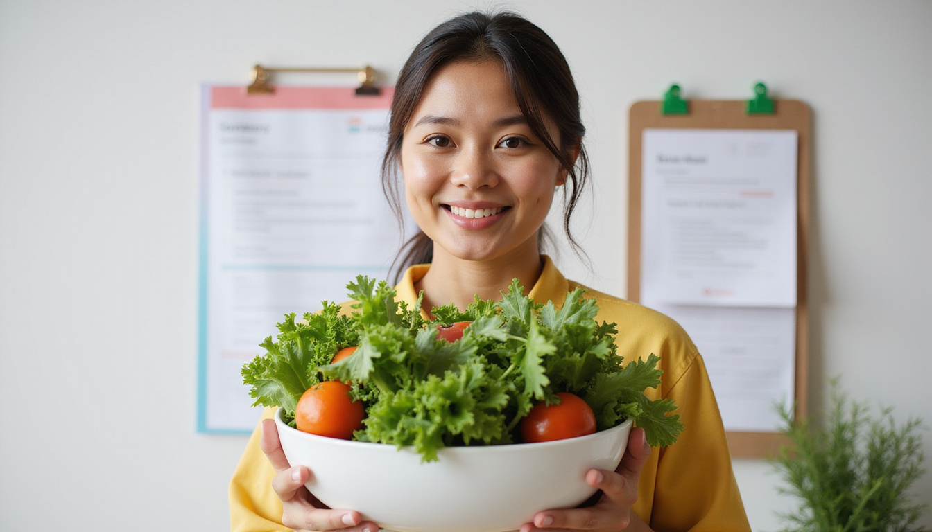  Confident smiling person holding oversized salad, scale in background, calendar marking sustained progress