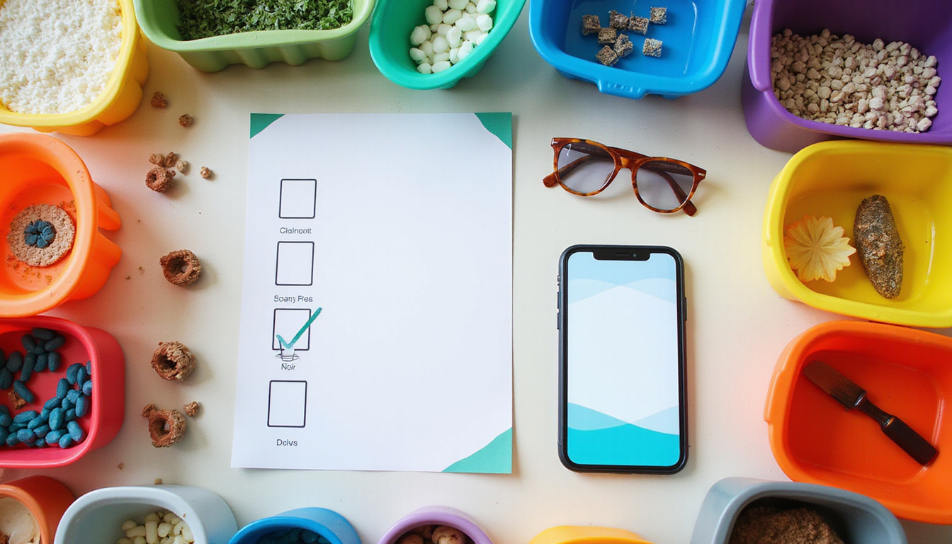  Top-down flatlay of neatly sorted items, color-coded bins, checklist, smartphone app guiding steps