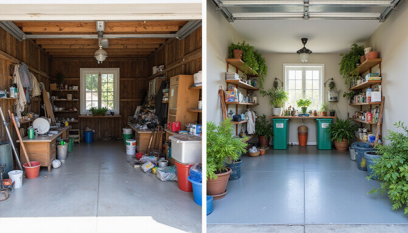  Before-and-after garage transformation, cluttered chaos to airy organized storage, vibrant plants, recycled bins