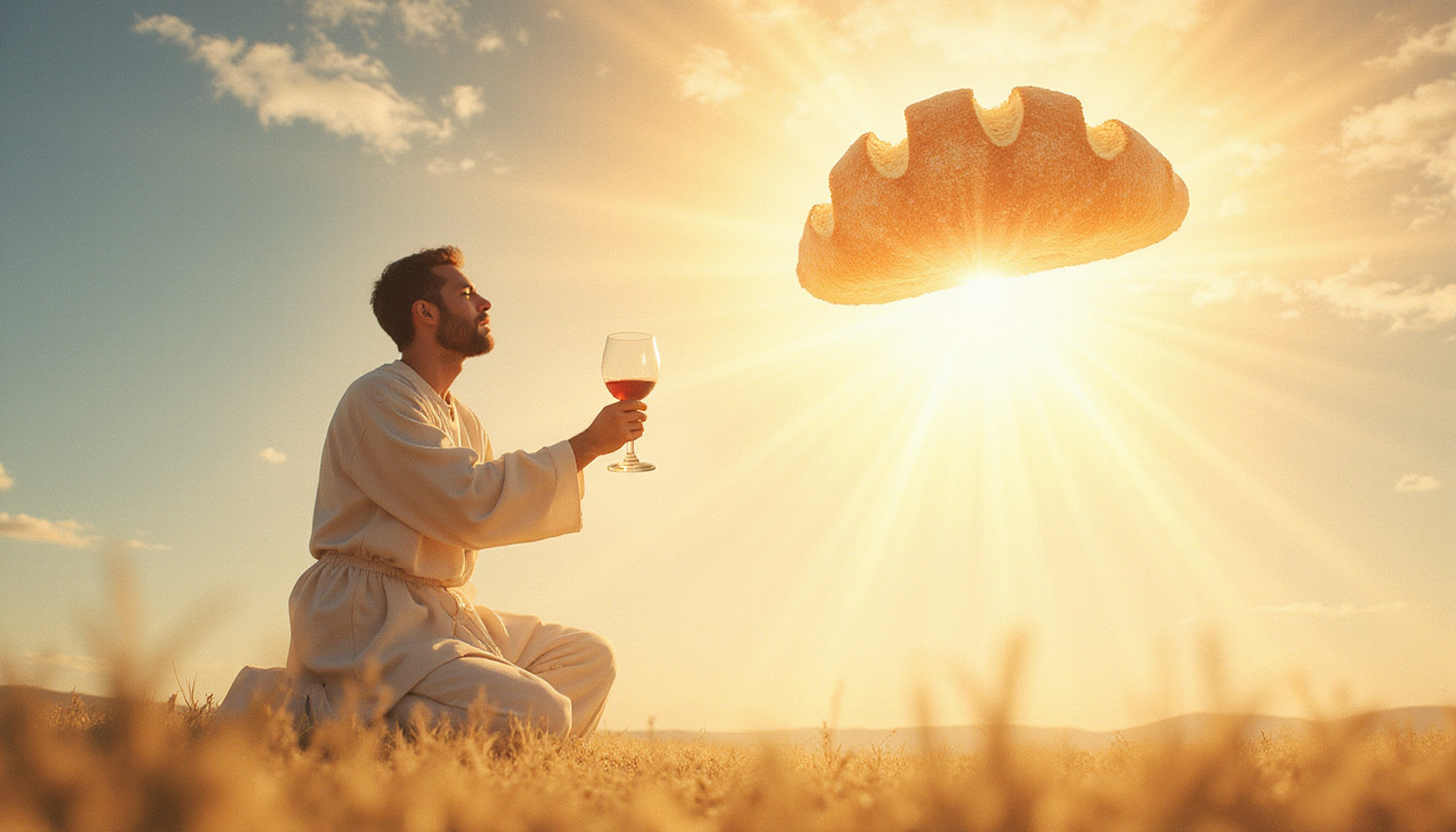  Solitary figure kneeling, translucent bread and wine hovering, luminous aura, transformative serenity