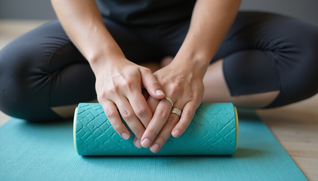  Close-up hands taping wrist, foam roller on mat, coach demonstrating quick joint maintenance routine
