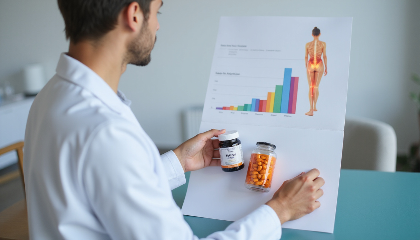  Doctor in white coat reviewing labeled supplement bottles against chart showing reduced joint inflammation