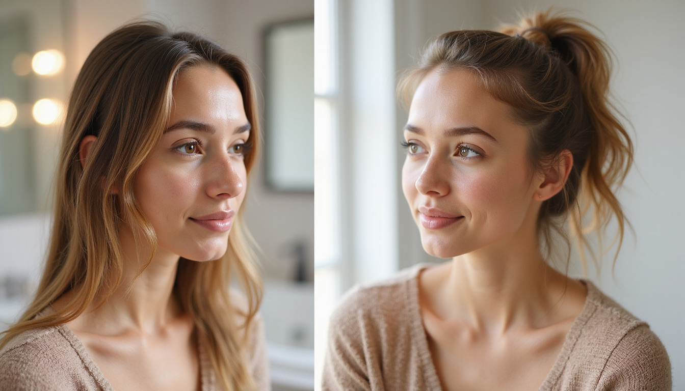  Before-and-after collage showing hairline regrowth, gentle application technique, clean bathroom setting, warm tones