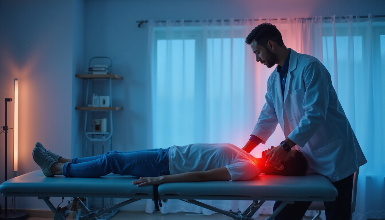  Chiropractor guiding patient on traction table, soft clinic light, pain visualized as fading red to blue