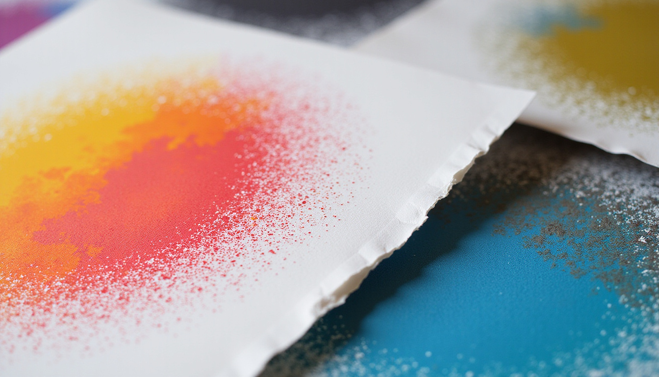  Close-up small-format printing hacks scene: textured paper, CMYK halftone, die-cut edges, glossy ink droplets, handheld