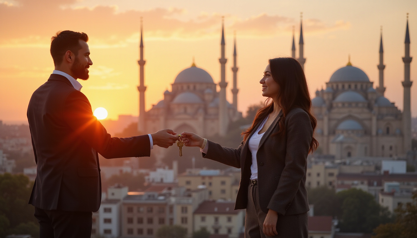 Real estate agent handing brass keys to smiling couple near ornate mosque, Cairo skyline at sunset