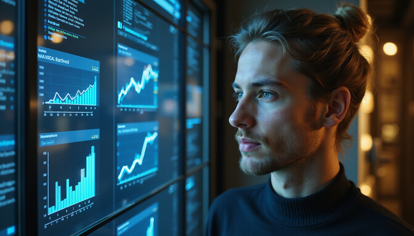  Head of Growth portrait surrounded by secret vault of data, analytics holograms, golden keys