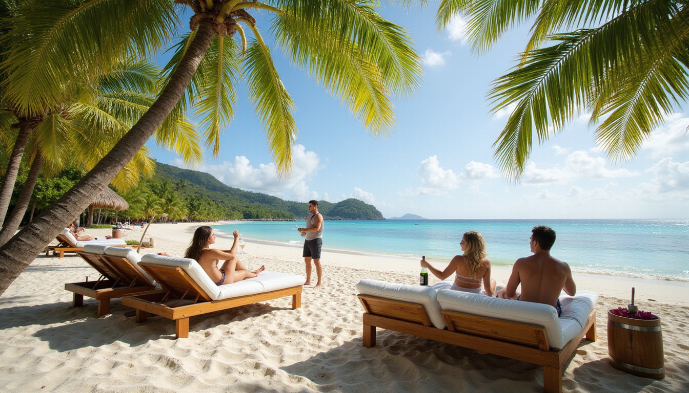  Palm-fringed Caribbean beach club, barefoot VIPs on teak daybeds, champagne, discreet staff, cinematic