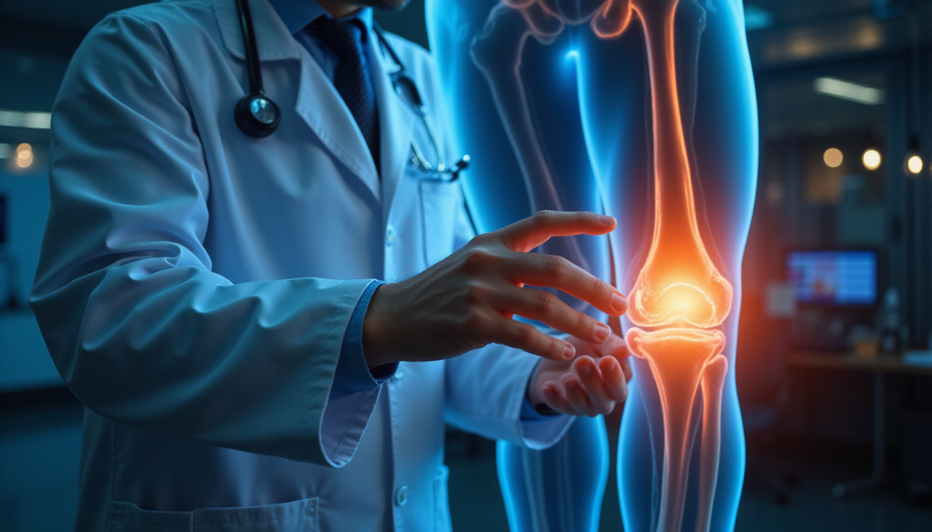  Clinician analyzing augmented reality biomarkers over arthritic knee, early detection clock icon, warm lighting