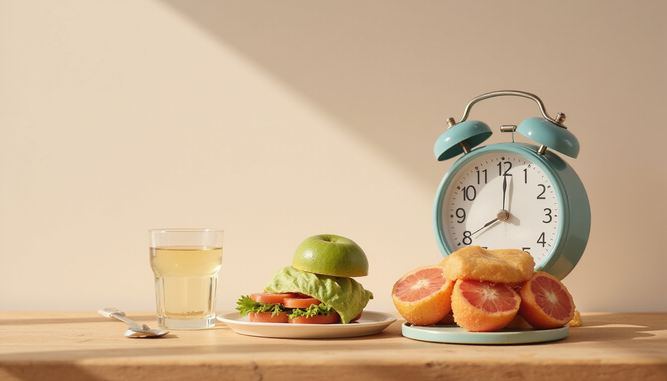  Calm mindful eater at table slow bite water glass clock indicating lasting fullness