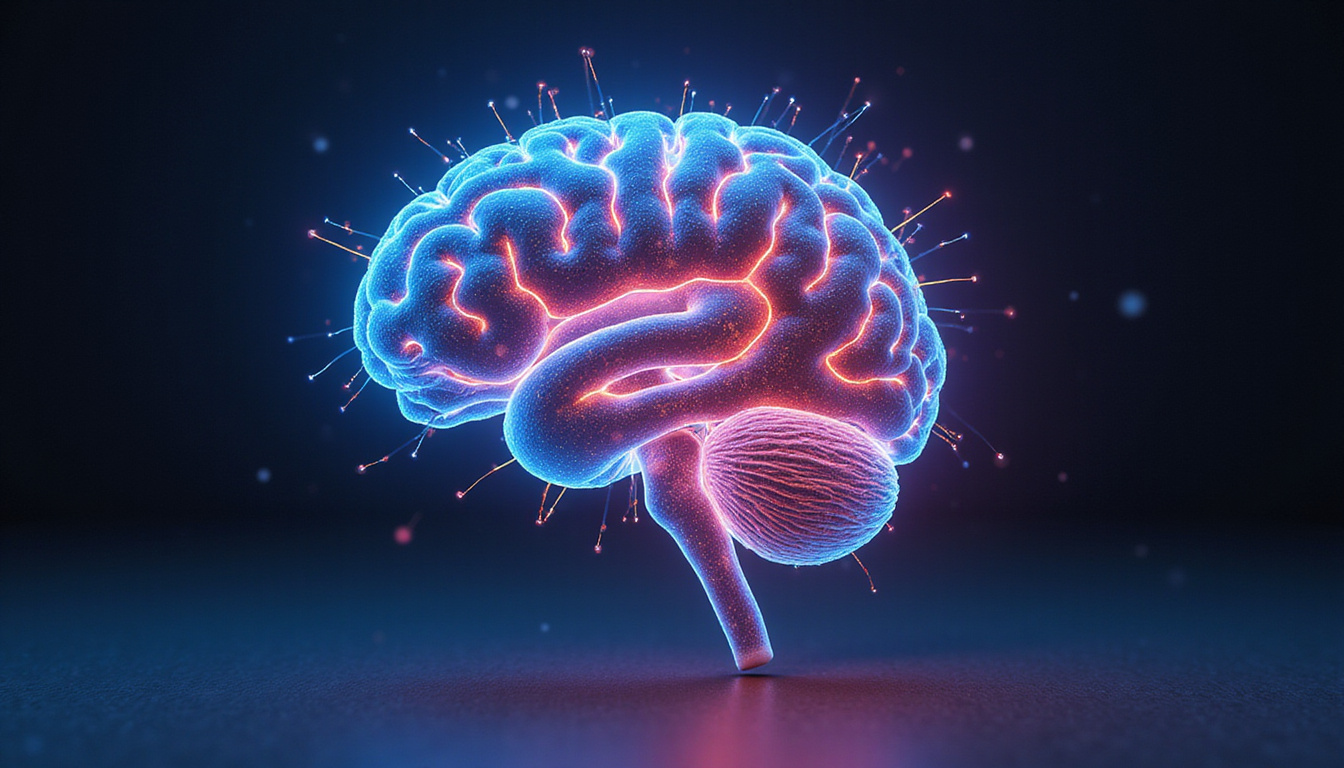 Cutaway human brain with colorful synapses lighting, limbs demonstrating coordinated movement in motion