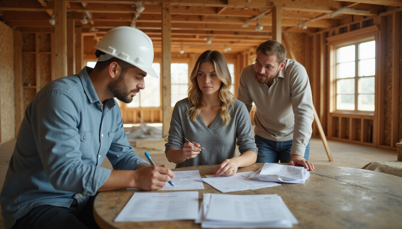  Homeowner consulting budget checklist beside exposed studs, renovation debris, warm cinematic lighting