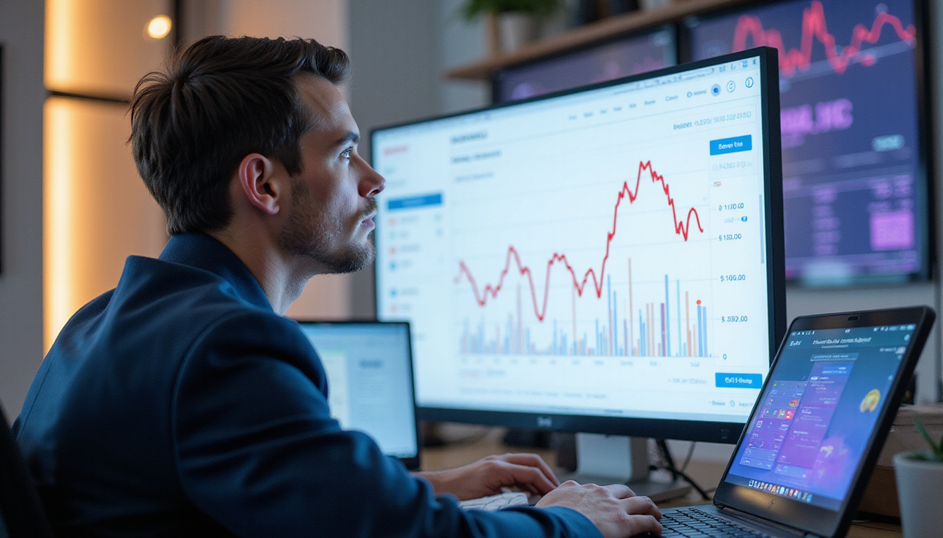  Business owner watching falling revenue graph overlaid with cluttered booking form and spinning loading icons