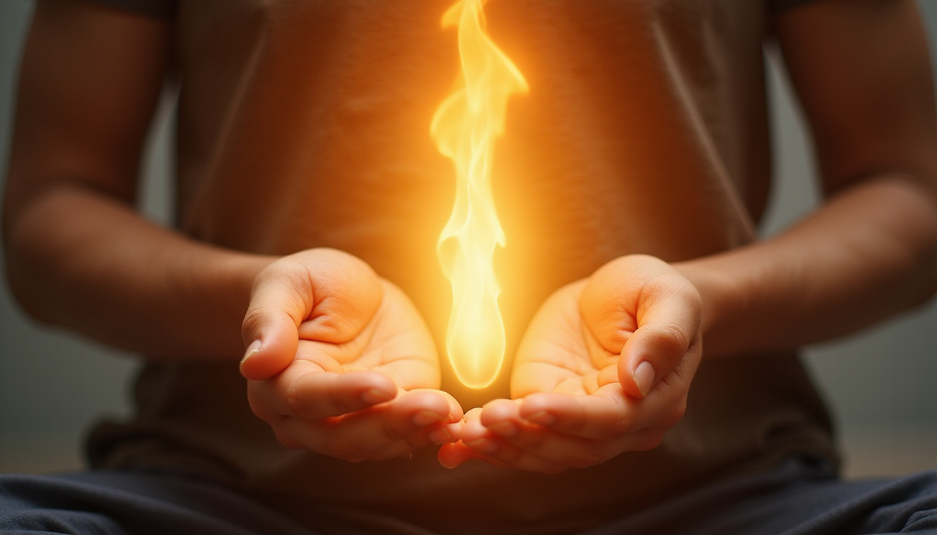 Close-up of hands in cosmic mudra, subtle breath visualization, warm golden glow