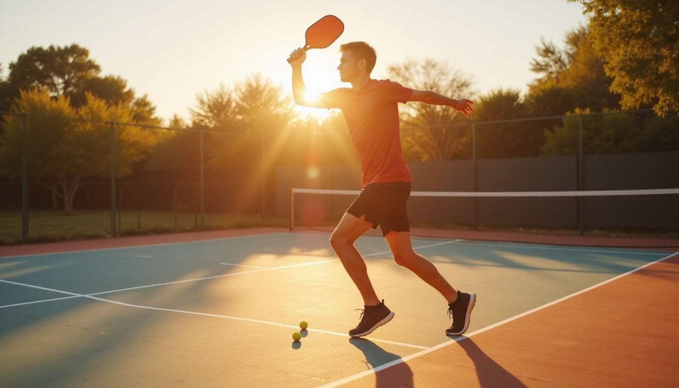 Triumphant athlete returning to match, healed tendon glowing amber, paddle raised, sunlit outdoor pickleball court