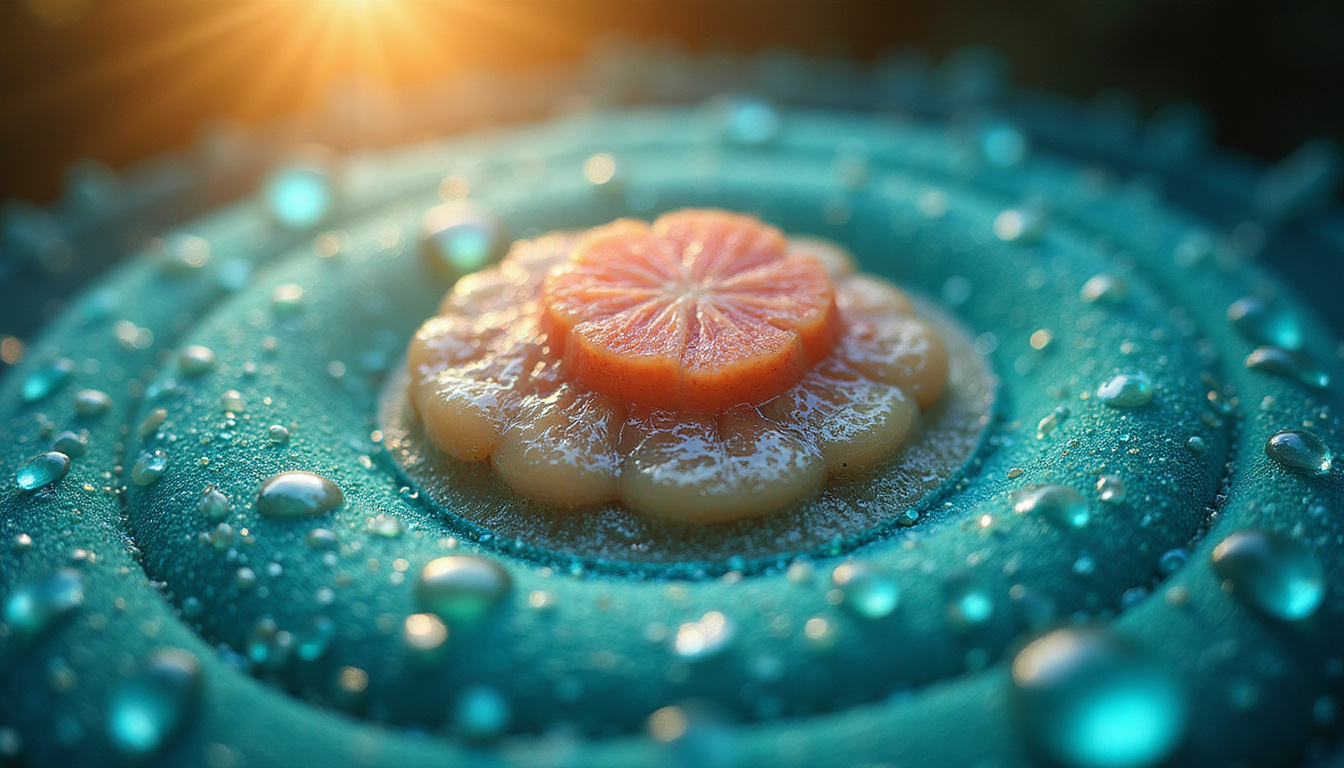 Microscopic view of regenerating tissue bathed in blue-green PEMF rings, warm sunlight