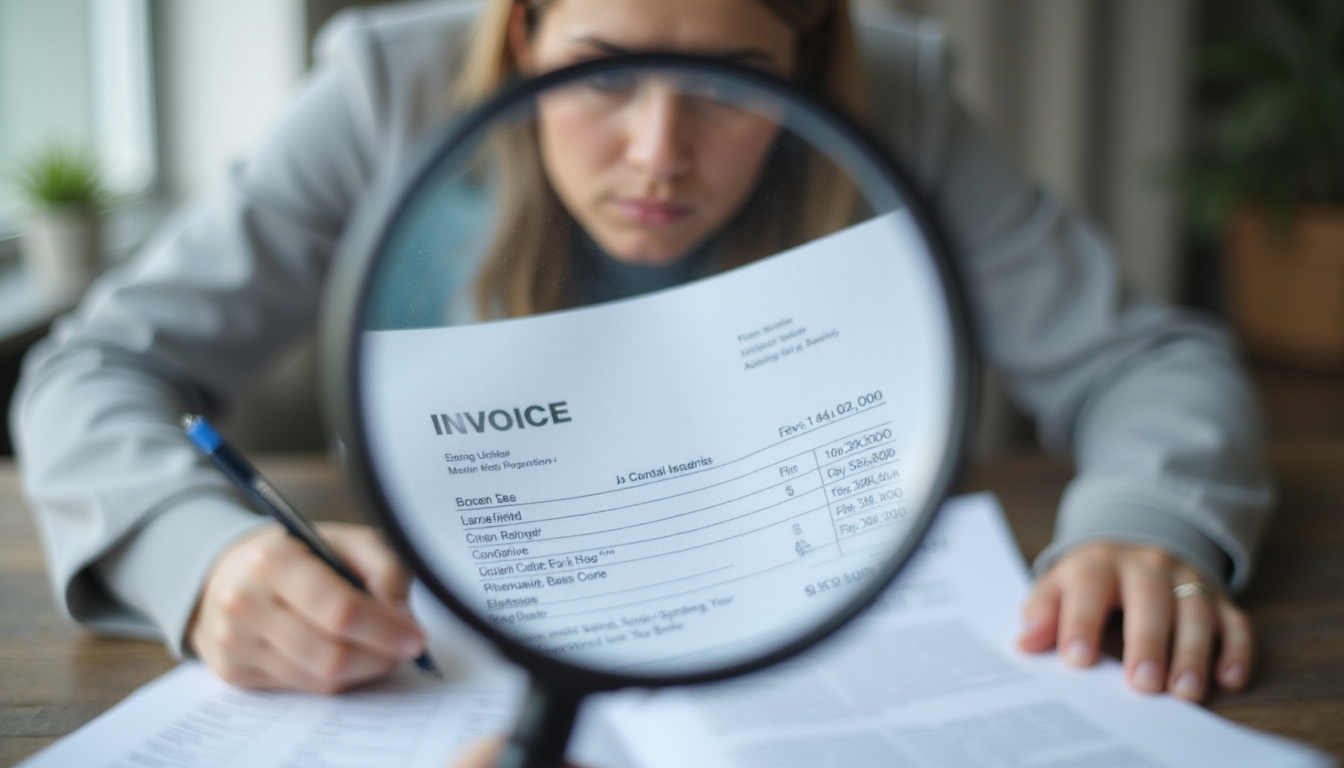  Close-up invoice under magnifying glass exposing tiny fees, anxious patient in background