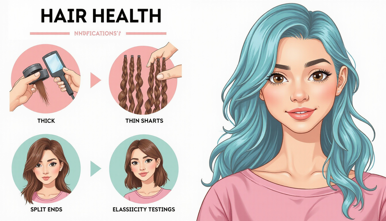  Infographic showing hair health indicators: thick versus thin shafts, split ends, elasticity testing