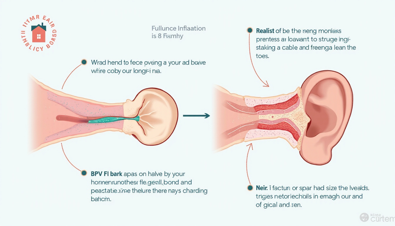  Clean infographic showing step-by-step BPPV home maneuvers, clear arrows, realistic inner-ear cross-section, pastel tones