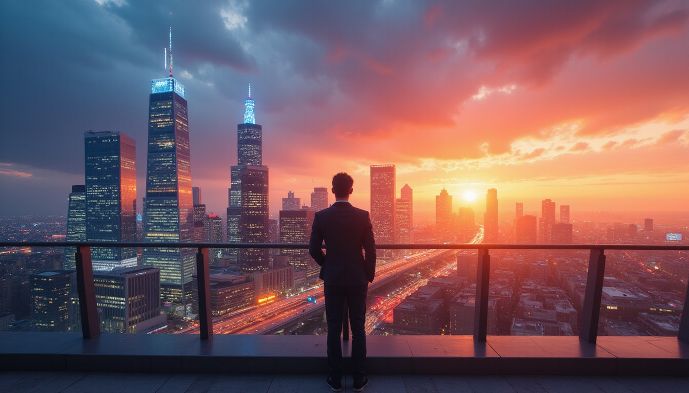  Time-lapse city skyline with rising candlestick towers, surprised investor silhouette watching