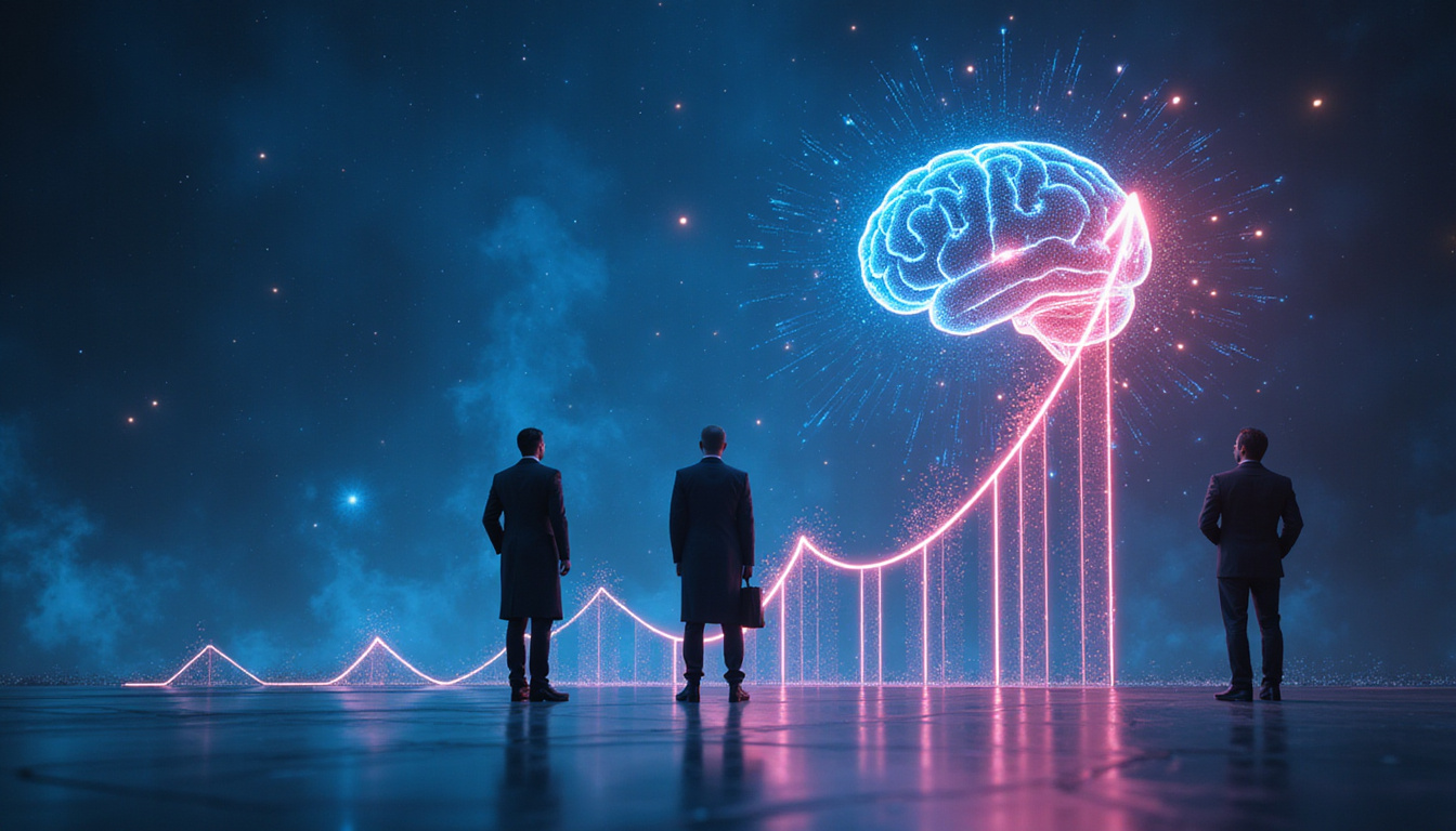 Business leaders guided by glowing AI brain, charts and arrows spiraling upward, futuristic