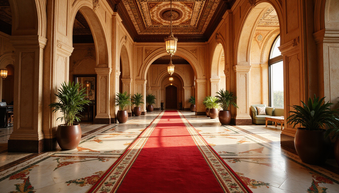  Opulent hotel lobby with Arabian mosaics, red carpet arrivals, vintage paparazzi cameras, champagne, warm film grain