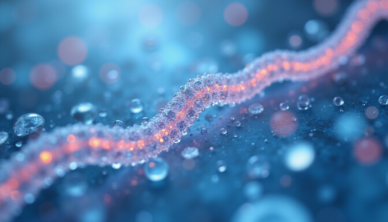  Macro molecular view: glowing hyaluronic acid gel chains, water beads, clinical blue background