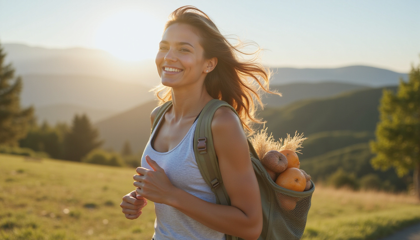  Smiling woman jogging, backpack of whole grains and sweet potatoes, glowing fitness, confident weight loss