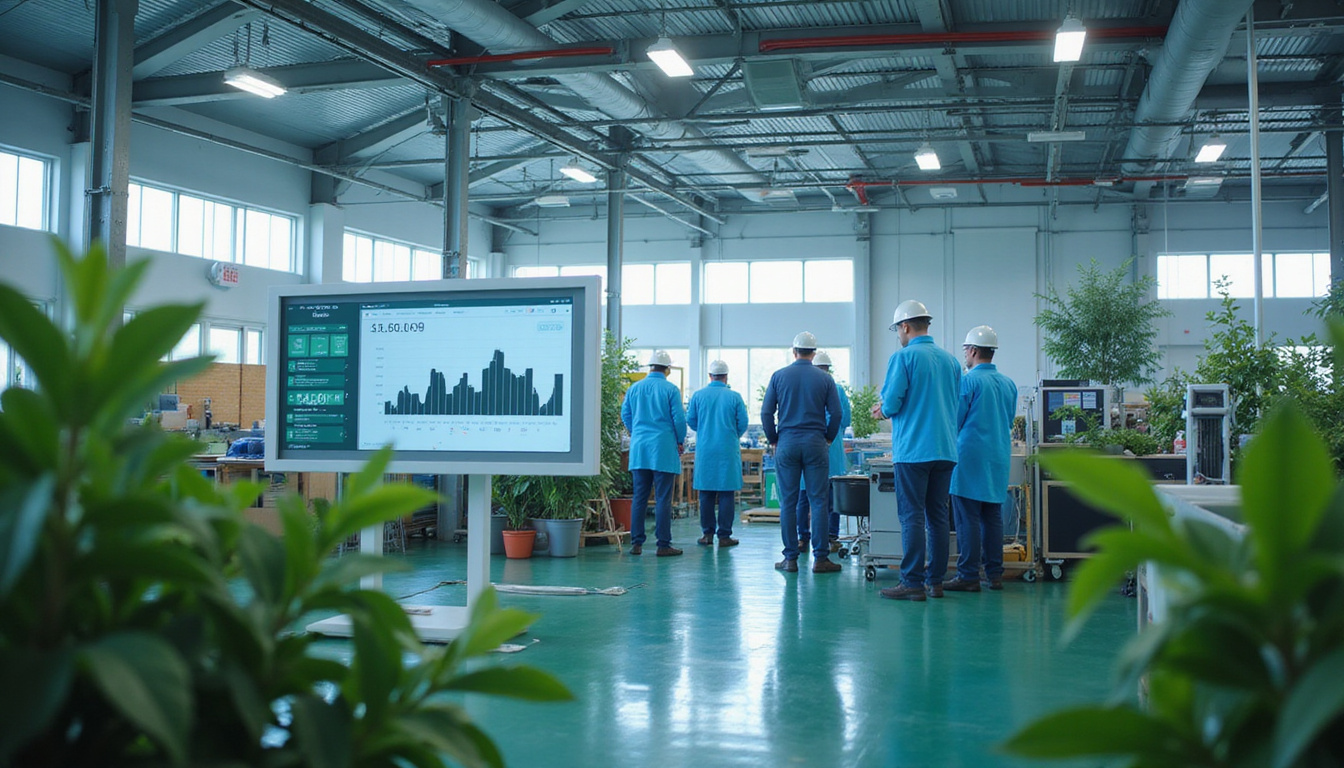  clean busy facility, workers in PPE, digital dashboard showing compliance metrics, green landscaping
