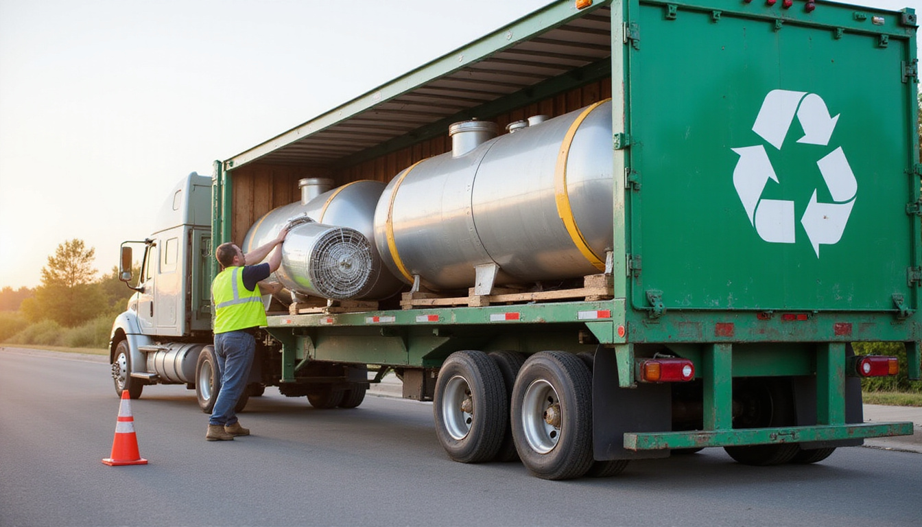  Worker loading empty steel propane cylinders into recycling trailer, green recycle symbol, safety cones