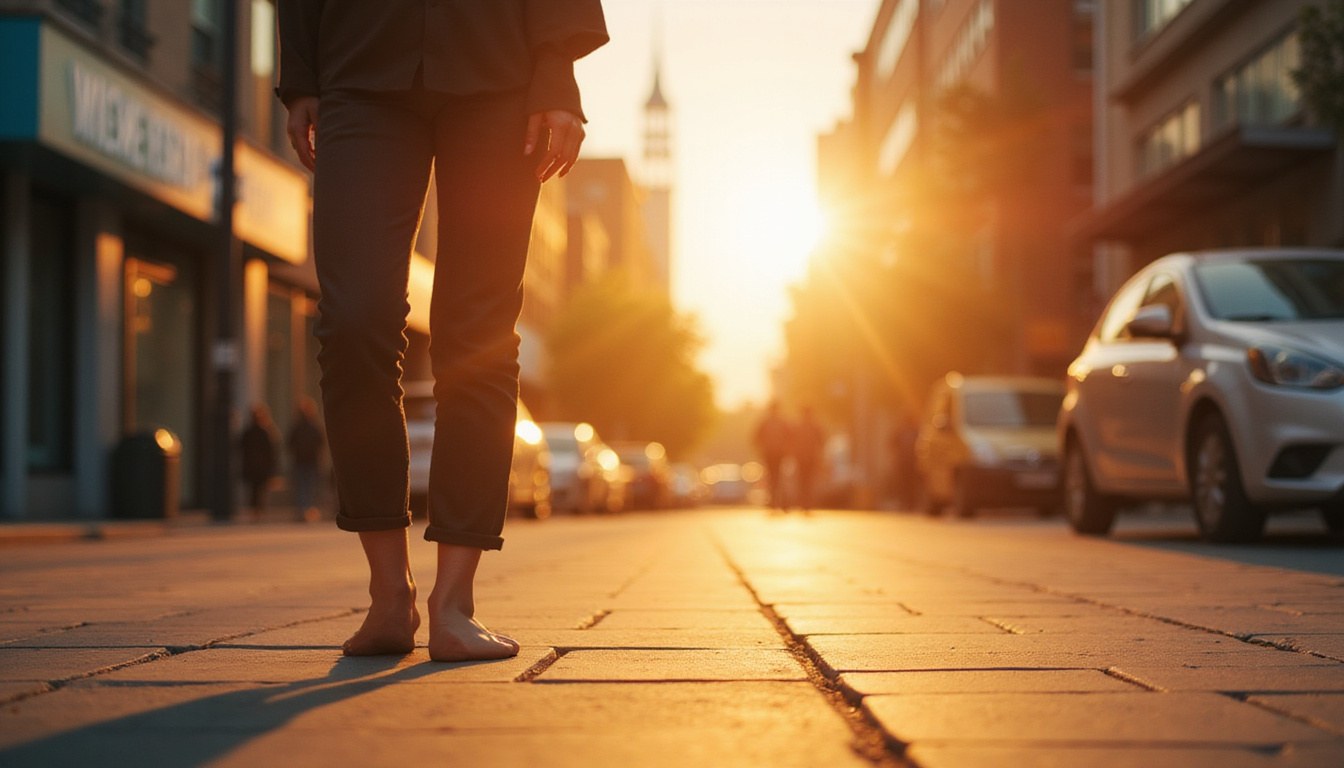City pedestrian pausing under golden light, bare feet on pavement, breath visible, inner calm