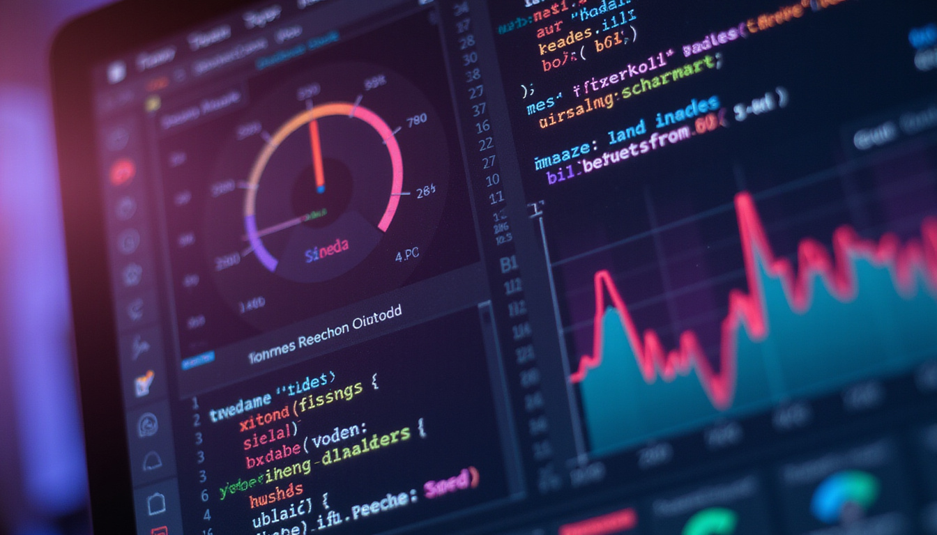  Close-up of optimized code and lazy-loading images, neon speedometer, exploding upward conversion metrics