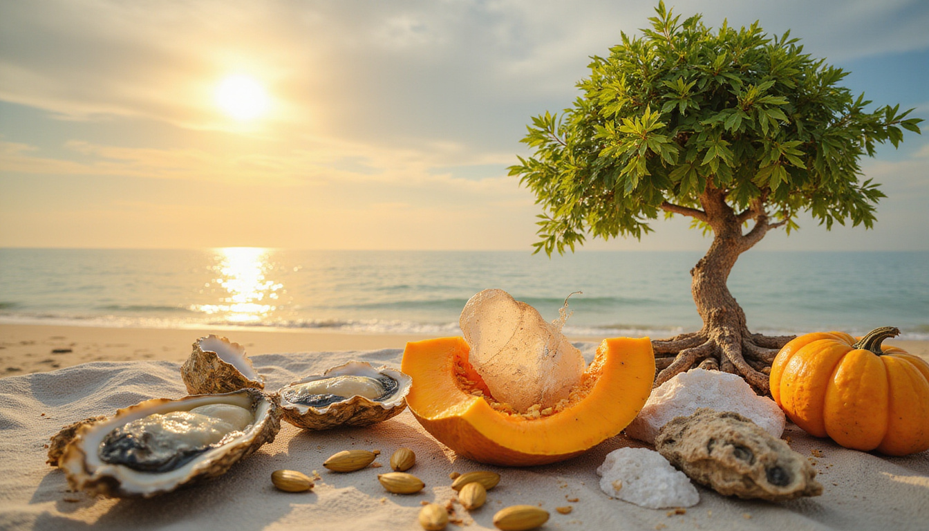  Sunlit still life of oysters, pumpkin seeds, zinc crystals, brain-shaped tree, vibrant wellness