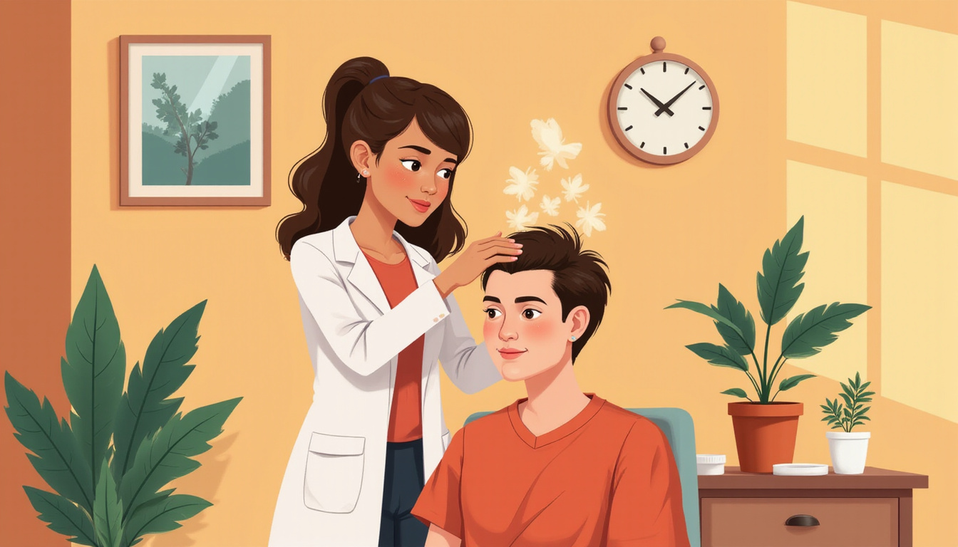  Warm clinic scene: dermatologist applying topical treatment, scalp massage, herbal remedies, hopeful regrowth