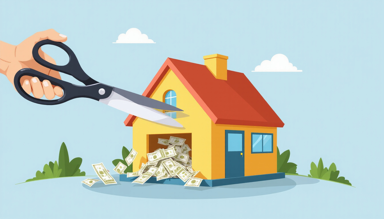  Infographic-style cutaway house with falling fee icons being clipped by giant scissors, bright colors