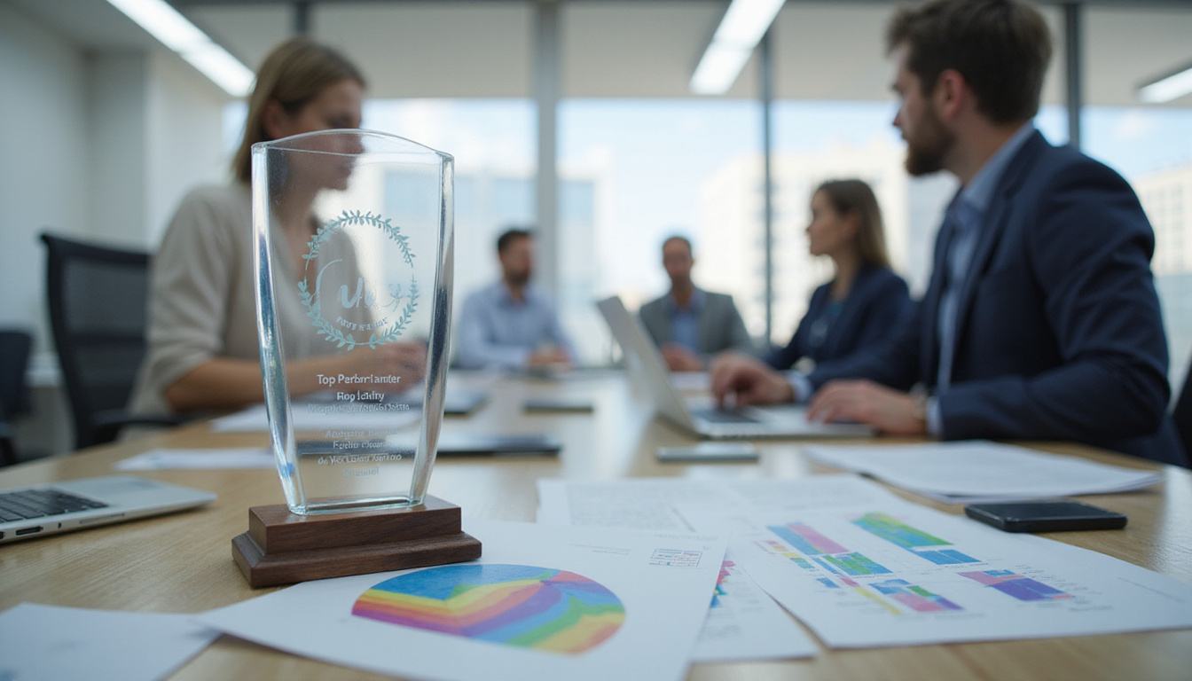 Glass trophy labeled Top Performer on desk, colorful growth charts, supportive mentors in background