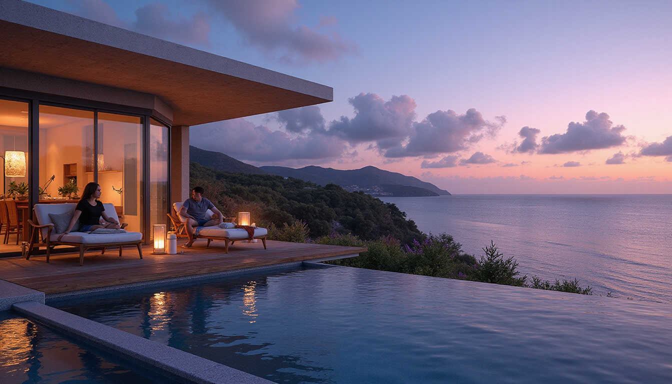  Evening coastal rental scene, glowing windows, guests on balcony, property manager showing profit charts