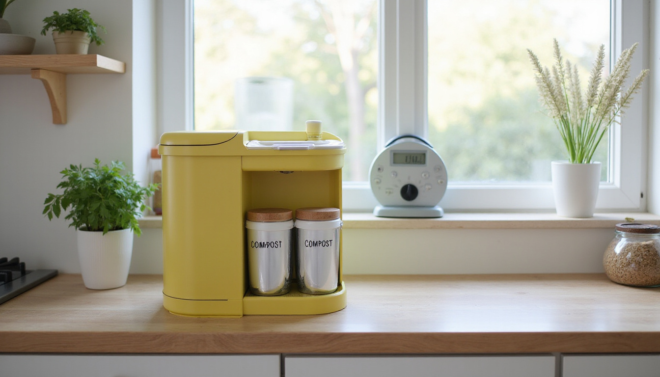 Minimalist kitchen with compact compost station, labeled containers, digital waste scale, bright natural light