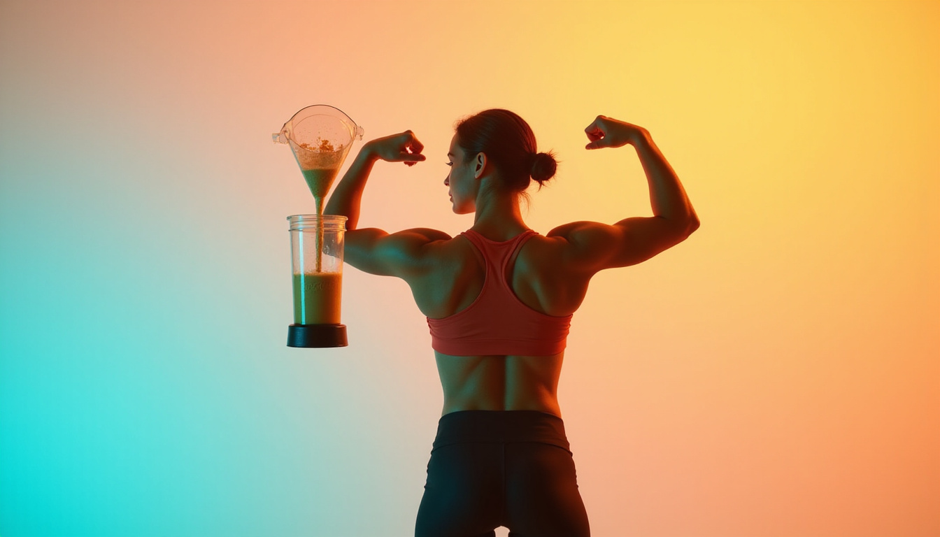  Athletic transformation concept: silhouette flexing, smoothie blender pouring golden shake, pastel gradient background