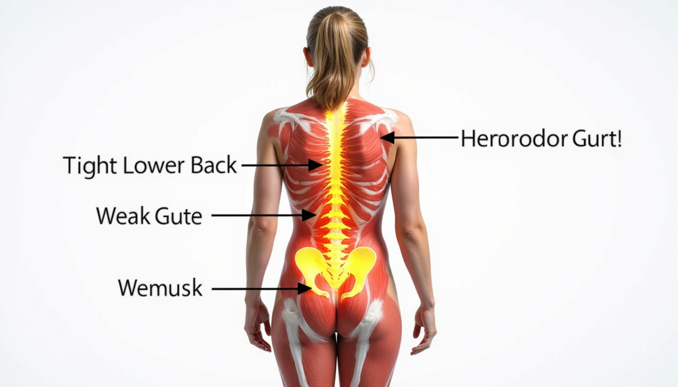  Cutaway anatomy overlay highlighting tight lower back and weak glutes, arrows showing muscle rebalancing