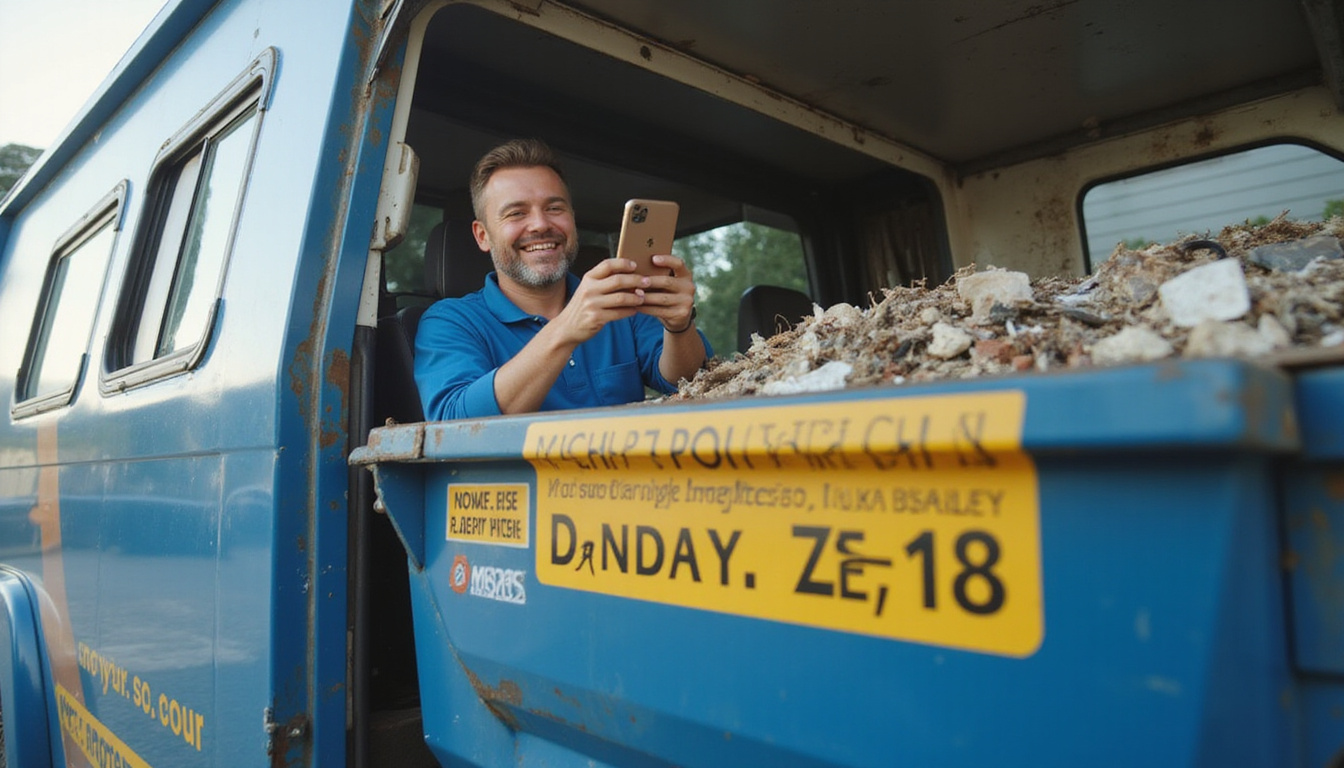  Time-saving dumpster pickup scene: labeled pickup schedule, smartphone app, smiling driver, compacted debris