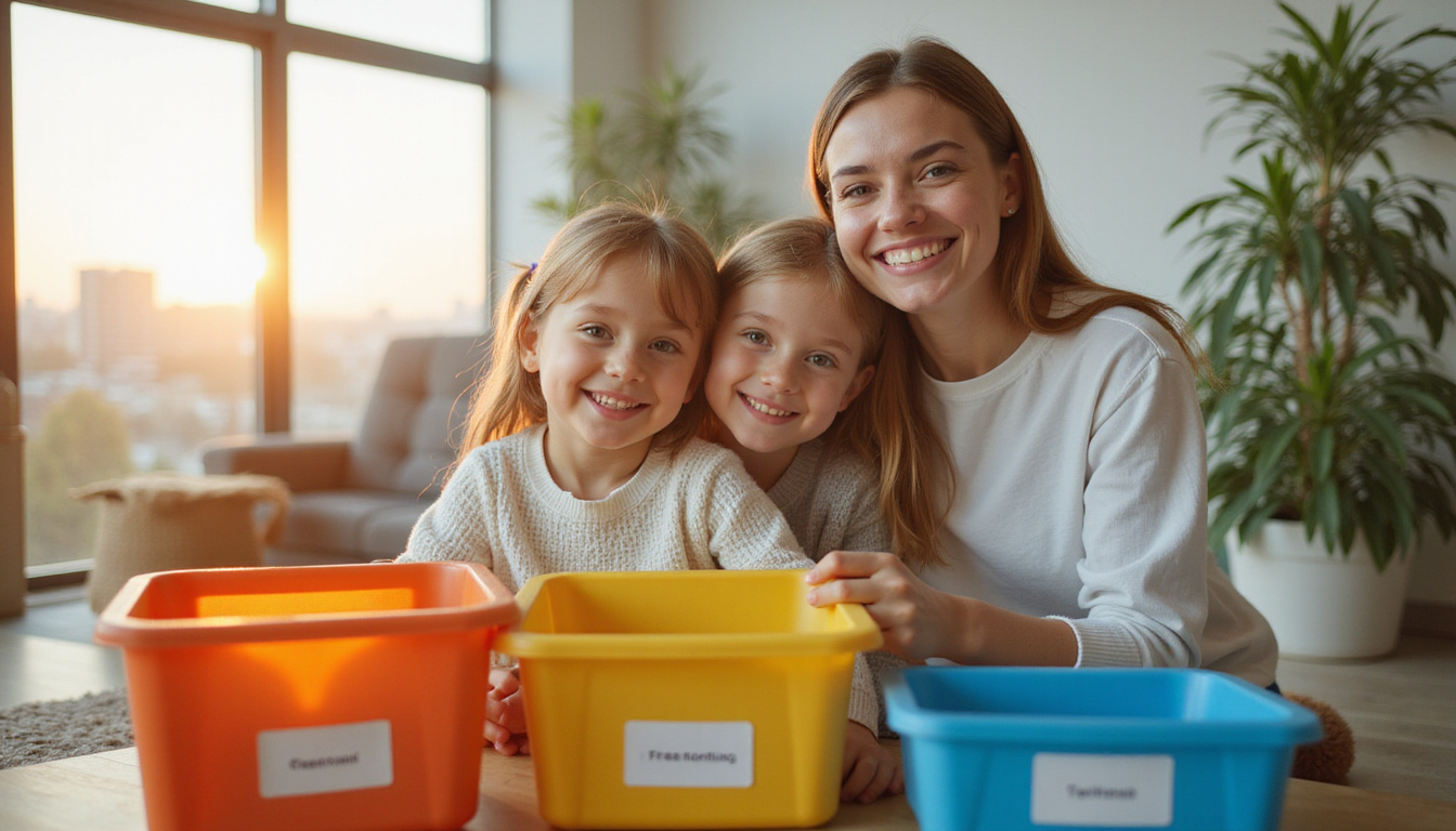 Affordable home cleanout scene, smiling family, labeled bins, modern tech campus backdrop, golden hour