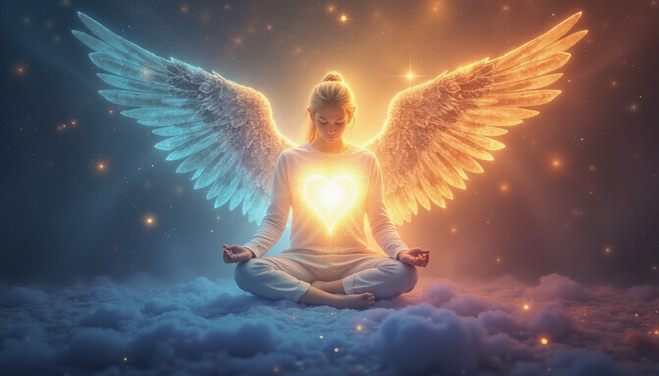 Ancient angel whispering luminous symbols into a meditator
