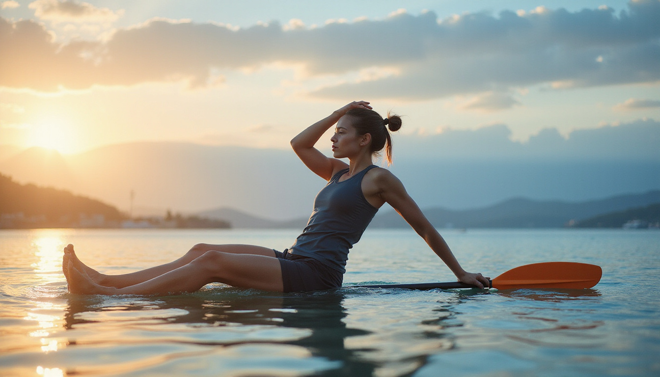  Focused athlete doing mobility stretches, visualization, hydration, light paddle practice preserving competitive edge