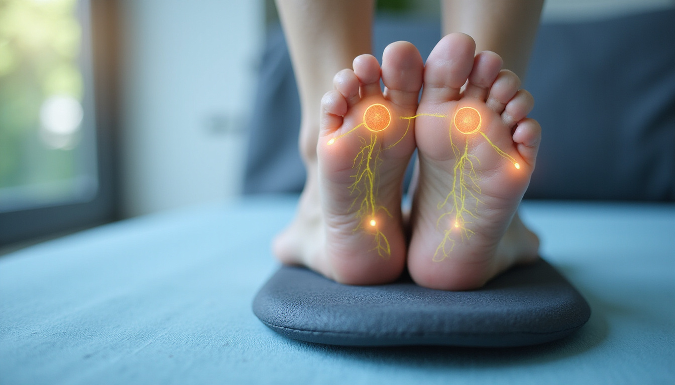 Close-up feet on foam pad with illustrated neural feedback lines, anatomical overlays, bright clinical setting