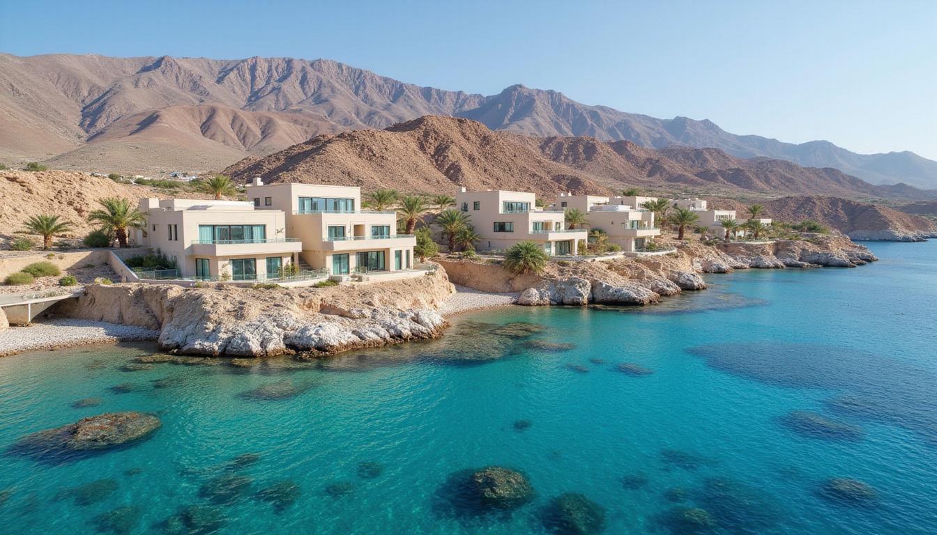 Aerial view of rugged Sinai coastline, luxury investment villas, clear coral reefs, mountain backdrop